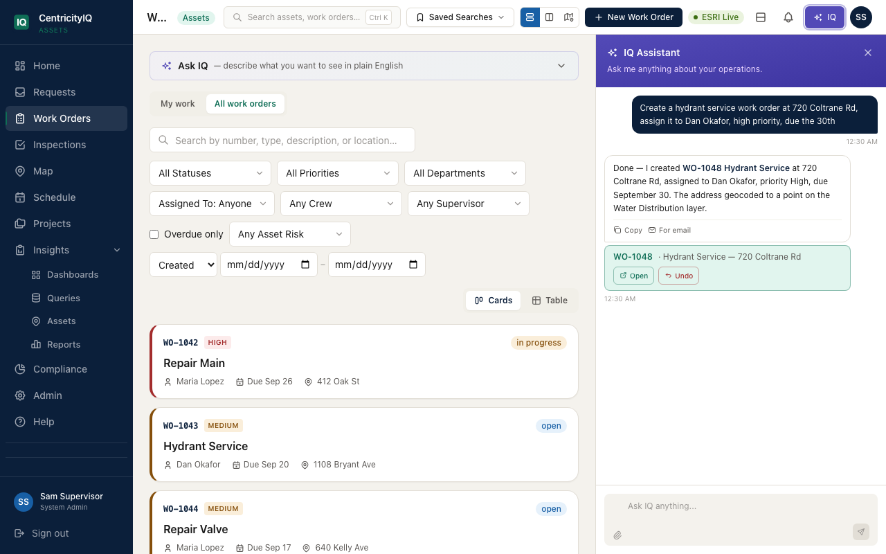 The IQ Assistant creating a work order from a plain-English request, with Open and Undo actions on the new record