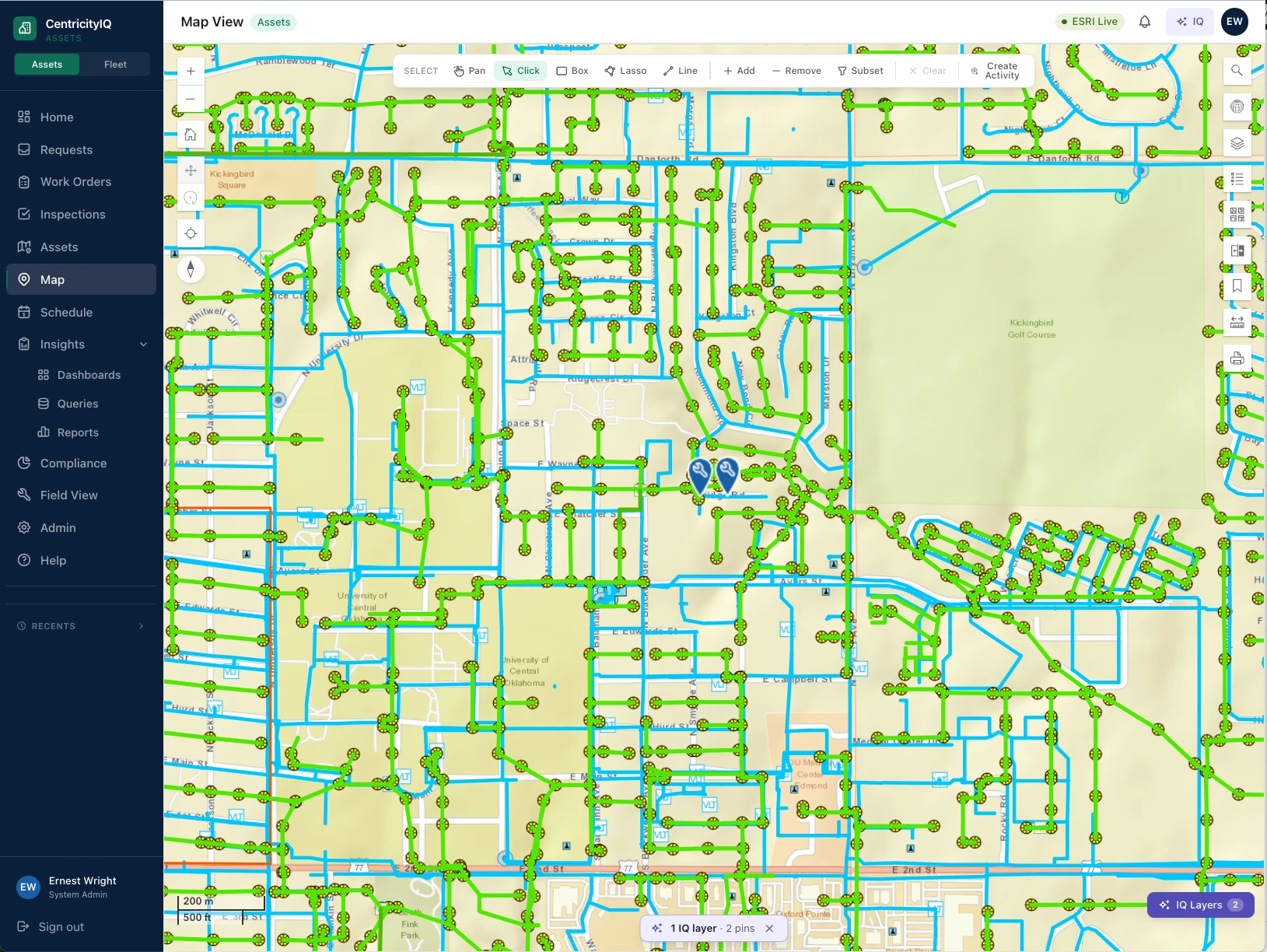 CentricityIQ map view showing live GIS asset layers with work records pinned to real features
